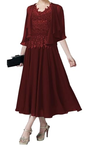 AIPILEI Brautmutterkleider für Hochzeit, Teelänge, Mutter des Bräutigams mit Jacke, formelles Kleid für Hochzeitsgäste (Burgund, 24) von AIPILEI