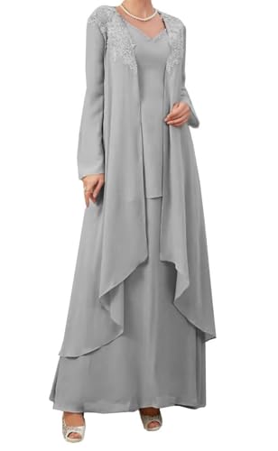 AIPILEI Damen 2 Stück Brautmutterkleider mit Jacke Übergröße Brautmutter Kleider für Hochzeit Elegant (16-Silber, 30) von AIPILEI