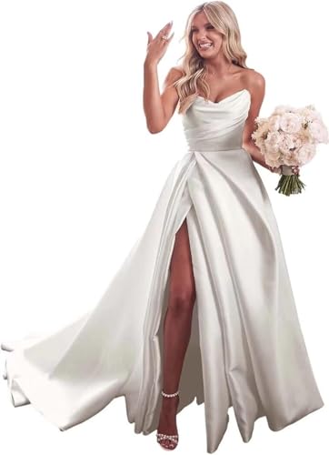 AIPILEI Damen Trägerloses Satin Brautkleider Lang Hochzeitskleid A-Linie Abschlussball Partykleider mit Schlitz (Elfenbein, 16) von AIPILEI