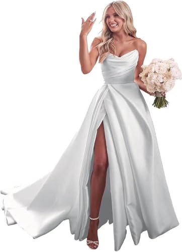 AIPILEI Damen Trägerloses Satin Brautkleider Lang Hochzeitskleid A-Linie Abschlussball Partykleider mit Schlitz (Weiß, 6) von AIPILEI