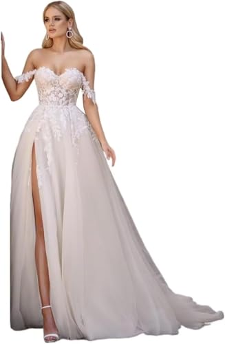AIPILEI Langes Brautkleid für Damen, Strandkleid, für Hochzeit, Spitzenapplikation, Tüll, schulterfrei, Elfenbein, 20 von AIPILEI
