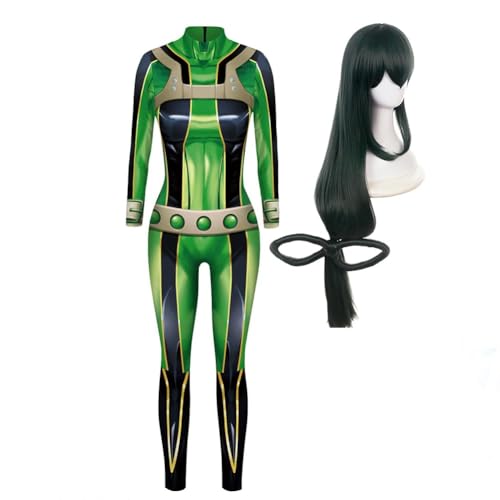 AIPILEI MHA Cosplay-Kostüm mit Perücke, Asui Tsuyu, Cosplay-Kostüm, 3D-Stil, Bodysuit, Overall für Halloween (Grün, 160 cm) von AIPILEI