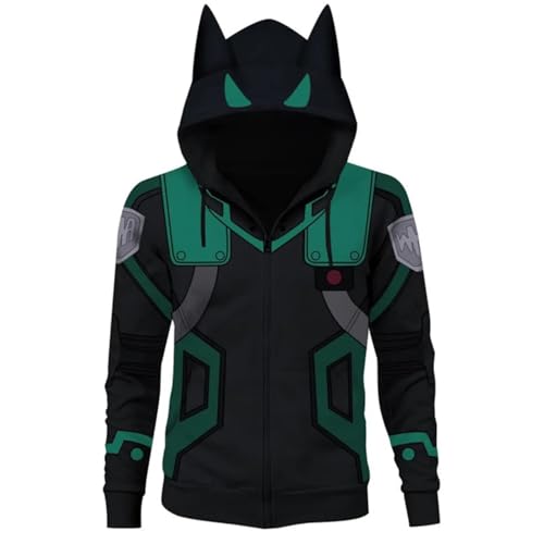 AIPILEI My Hero Academia Zip Up Hoodie Midoriya Izuku Sweatshirt MHA Pullover Sweatshirt Anime Cosplay Kostüm für Uni Party (Schwarz, XXL) von AIPILEI