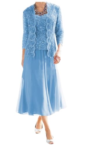 AIPILEI Tee-Länge Brautmutter-Kleider für Hochzeit, Übergröße, formelle Brautmutterkleider mit Jacke (12-Blau, 10) von AIPILEI