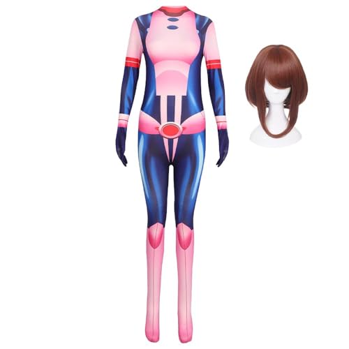 AIPILEI Uraraka Ochako Cosplay Kostüm Anime MHA Kampfuniform Outfit 3D-Druck Bodysuit Overall für Halloween (Uraraka Ochako + Perücke, 150) von AIPILEI