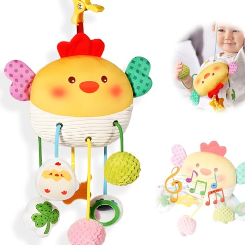AIRCADIA Baby Kinderwagen Spielzeug mit Ausziehfunktion ab 0 3 6 Monate, Anhänger Greifspielzeug Baby Spielzeug mit Spiegel und Ton, Plüsch Hängespielzeug Neugeborenen Mädchen Jungen Geschenk (Küken) von AIRCADIA