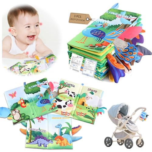 AIRCADIA Baby Ruhiges Buch0 6 Monate, Baby Buch 3 Pack Sensorisches Stoffbuch, Spielzeug Interaktive Fühlbuch, Lernspielzeuge Quiet Book Geschenk für Neugeborene (Dinosaurier Bauernhöfe Pfaue) von AIRCADIA