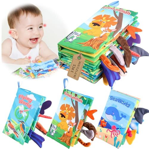 AIRCADIABaby Spielzeug 0 6 Monate, Babybuch 3 Pack Sensorisches Stoffbuch, Interaktive Fühlbuch Mit Sound, Lernspielzeuge Quiet Book Geschenk für Neugeborene (Meer Wald Vögel) von AIRCADIA