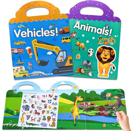 Stickerbuch ab 2 3 4 Jahre 2 Pcs Tiere Fahrzeuge Stickerbuch Kinder für Jungen Mädchen mit Wiederverwendbar Beschäftigung Szene und Spielen Illustrationen, für Unterwegs Auto Flugzeug Zug Reise usw von AIRNOGO