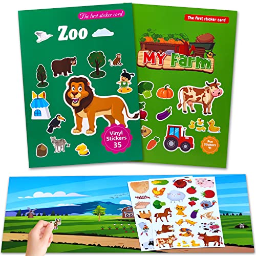 Wiederverwendbare Sticker Kinder 2 Pack Sticker Kinder Zoos und Farm der Tiere, Stickerbuch ab 2 Jahre, Sticker Set mit Kreative Spiel Szene und Aufkleber Illustrationen, Stickerheft für Junge Mädchen von AIRNOGO