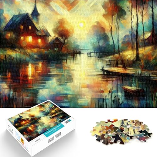 1000-Teile-Puzzle für Erwachsene Intellektuelles Spiel Sonnenuntergangsdorf am See einzigartiges Herausforderungsspiel52x38cm von AITEXI