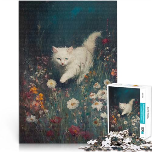 1000-Teile-Puzzle für Teenager Lernspiel-Herausforderungsspielzeug Weiße Katze im Blumenfeld Lernspiel für Geburtstag, Weihnachten52x38cm von AITEXI