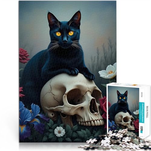 1000-teilige Puzzles für Erwachsene Denkspiel Schwarze Katze auf einem Totenkopf in einem Blumenfeld EIN Kunstwerk75x50cm von AITEXI