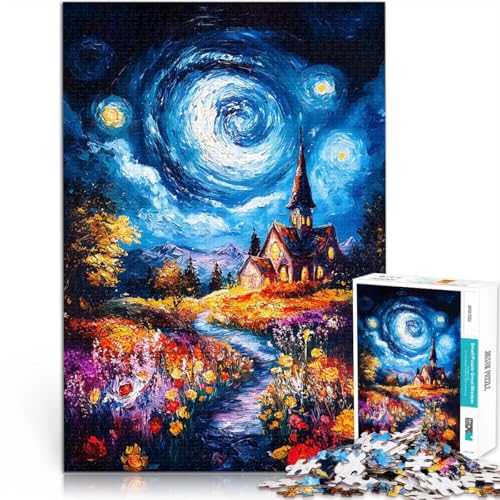 1000-teilige Puzzles für Erwachsene Quizspiel Nachthimmel-Kirchengemälde Jedes Stück ist einzigartig – Anspruchsvolles Familienspiel38x26cm von AITEXI