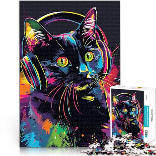 1000-teilige Puzzles für Erwachsene Schwierig und herausfordernd Coole Schwarze Katze DJ Katze mit Kopfhörer für Heimdekoration52x38cm 1000-teilige Puzzles für Erwachsene Schwierig und herausfordernd Coole Schwarze Katze DJ Katze mit Kopfhörer für Heimdekoration52x38cm von AITEXI
