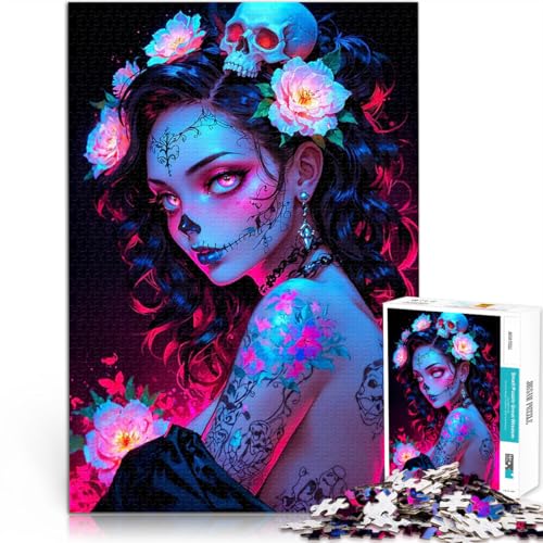 1000-teilige Puzzles für Erwachsene Stressabbau-Spielzeug Totenkopf Frau mit Tattoos Geburtstagsgeschenk, Geschenke52x38cm von AITEXI