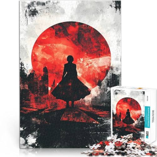 1000-teilige Puzzles für Teenager Denkspiel Silhouette unter rotem Mond Stadtbild abstrakt Lernspiel für Geburtstag, Weihnachten75x50cm von AITEXI