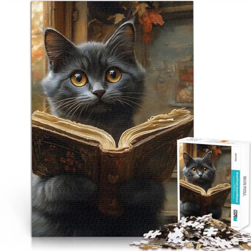 1000-teiliges Puzzle für Erwachsene Handgeschwindigkeitswettbewerb Neugierige Katzenlesung Einzigartige Wohndekoration und Geschenke52x38cm von AITEXI