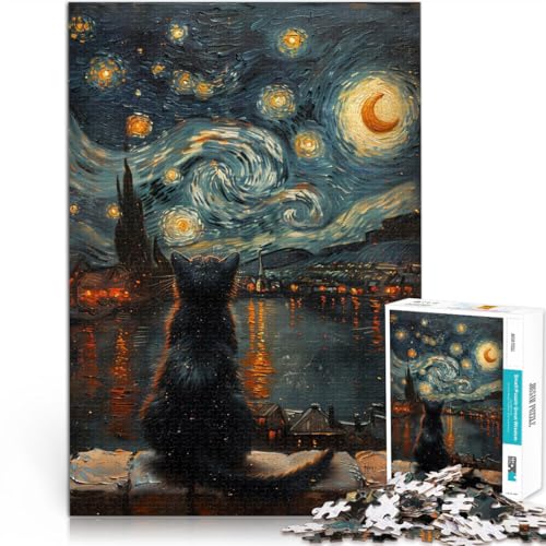 1000-teiliges Puzzle für Erwachsene Pädagogisches Spielzeug zum Stressabbau Sternennacht und die Katze Geburtstagsgeschenk52x38cm von AITEXI