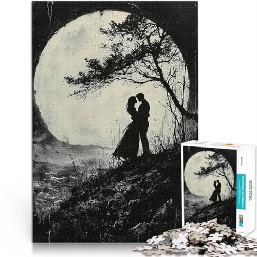 1000-teiliges Puzzle für Erwachsene Präzisionsschnitt Romantische Umarmung im Mondschein – Charcoal-Stil Wanddekoration75x50cm von AITEXI