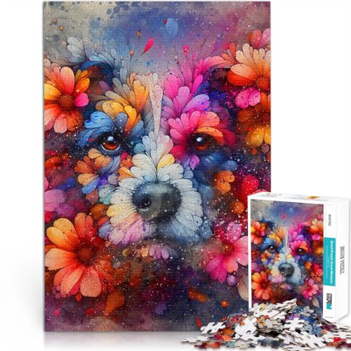1000-teiliges Puzzle für Erwachsene Spielzeug Lernspiele Stressabbau Hundegesicht mit Blumen geschmückt Wohnkunstdekor52x38cm von AITEXI
