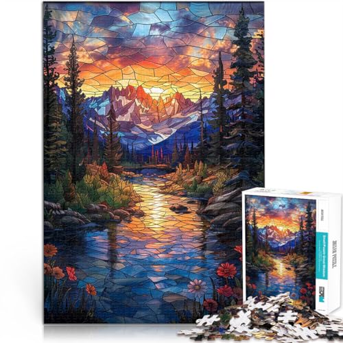 1000-teiliges Puzzle für Teenager Quizspiel Buntglas Berg Sonnenuntergang Wanddekoration Einzigartige Geburtstags- und Weihnachtsgeschenke75x50cm von AITEXI