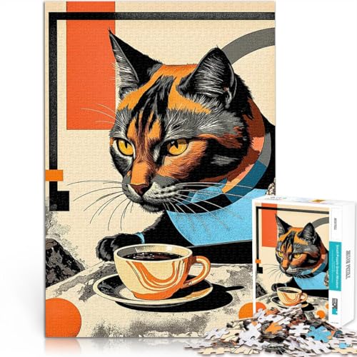 1000-teiliges Puzzle für Teenager pädagogische Herausforderung Abstrakte Katze mit Kaffee einzigartiges Herausforderungsspiel38x26cm von AITEXI