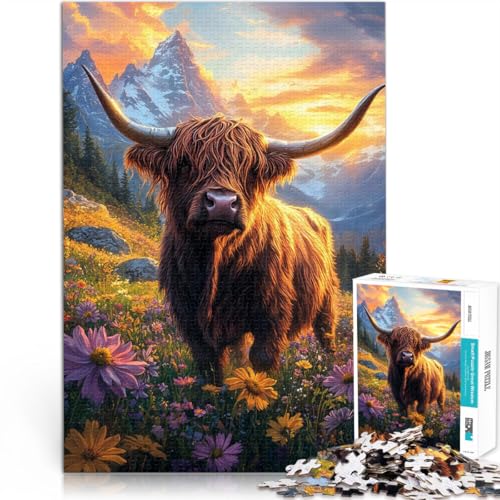 Puzzle 1000 Teile für Erwachsene Anspruchsvolles Spiel und Familienspaß Sonnenuntergang über der Hochlandkuh Geburtstagsgeschenke38x26cm von AITEXI