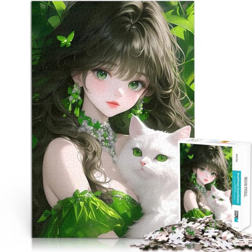 Puzzle 1000 Teile für Jugendliche für Lernspiel-Herausforderungsspielzeug Anime-Mädchen mit weißer Katze Geburtstagsgeschenk52x38cm von AITEXI