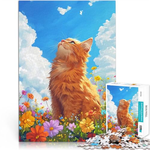 Puzzle für Erwachsene 1000 Teile Lernspiel-Herausforderungsspielzeug Orange Katze im Blumenfeld Lernspiel für Geburtstag, Weihnachten38x26cm von AITEXI