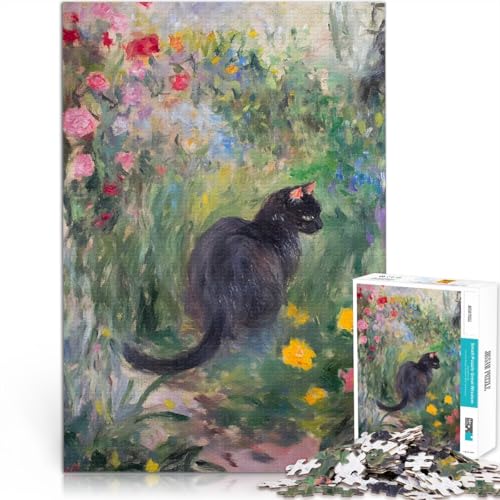 Puzzle für Jugendliche 1000 Teile Pädagogisches Spielzeug zum Stressabbau Schwarze Katze in einem Garten Wohnkunstdekor52x38cm von AITEXI