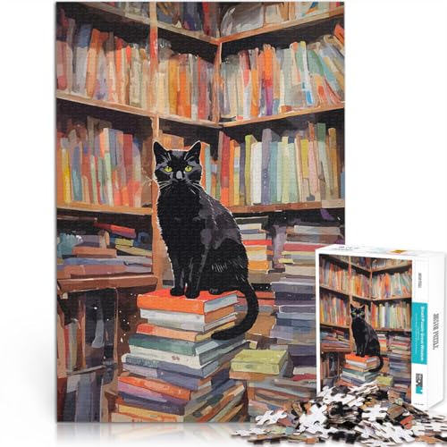 Teenager-Puzzle 1000 Teile Intellektuelles Spiel Schwarze Katze in Einer Bibliothek Lernspiel für Geburtstag, Weihnachten52x38cm von AITEXI