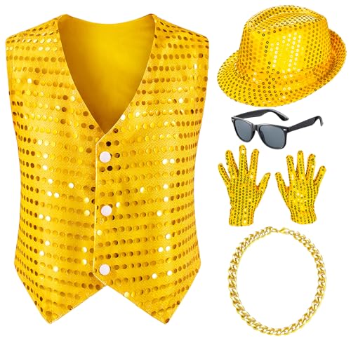 Kinder Hip Hop Jazz Tanz Kostüm Pailletten Weste Hut Sonnenbrille Gold 8-9 Jahre von AITIPOO