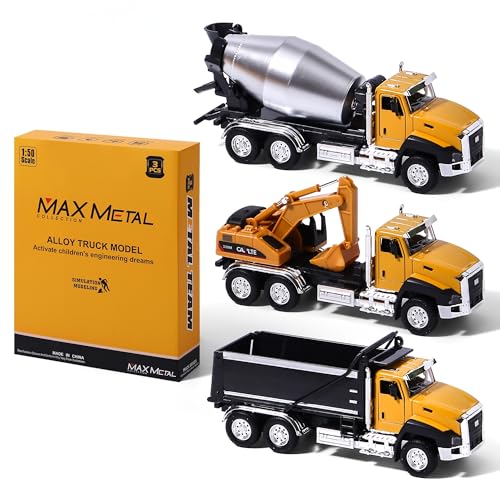 AIUAZA 1/50 Verhältnis Druckguss Engineering Baufahrzeug, Dump Truck, Bagger, Mischer Truck, Legierung Sammlung Modell Auto, Junge Türöffnung Ziehen Sie zurück Auto Spielzeug (3 Stück pro Set) von AIUAZA