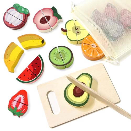 Holz Obst zum Schneiden, Holzobst zum Zerschneiden ab 1 Jahre Spielküche Zubehör Holz für Kinder Spielküche Küchenset mit Klett-Verbindung Montessori Spielzeug 2 Jahre Geschenk für die Kleinen von AIUNBEST