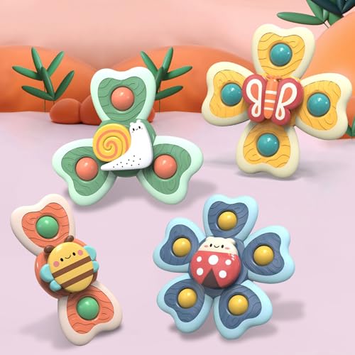 Saugnapf Spielzeug Baby, 4 Stück Saugnapf Spinner Baby BPA-frei Fidget Spinner Baby Spielzeug ab 3 Monate Baby Spinner mit Saugnapf, Tischspielzeug Badewannenspielzeug zum Reisen Baden und Füttern von AIUNBEST