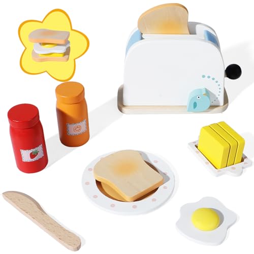 AIVORO 12 Stück Toaster Kinderküche Set, Pop-up Kinder Toaster, Kinderküche Spielküche Zubehör Holz. mit Marmeladenglas, Butter, Holzmesser Kinder, Pochierte Eier, Brot, Teller von AIVORO