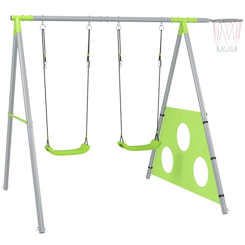 AIYAPLAY 3 in 1 Schaukelgestell Outdoor Schaukelgerüst mit 2 Schaukeln, Basketballkorb, Fußballtor, Doppelschaukel Kinderschaukel mit Metallgestell, Gartenschaukel für Kinder von AIYAPLAY