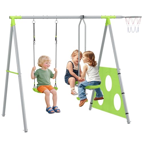 AIYAPLAY 4 in 1 Schaukelgestell Outdoor Schaukelgerüst mit Schaukel, 2-Personen-Gleitbahn, Fußballtor, Basketballkorb, Gartenschaukel Kinderschaukel mit Metallgestell für Kinder von AIYAPLAY