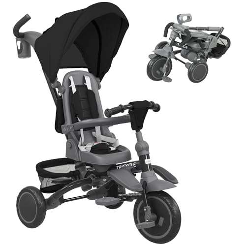 AIYAPLAY 6-in-1 Dreirad Fahrradkinderwagen für Kinder von 1-5 Jahren bis zu 25 kg, faltbares Dreirad mit drehbarem Sitz in Richtung Mama oder Straße, Verdeck, Lenker, Tasche, Räder und 5-Punkt-Gurt, von AIYAPLAY