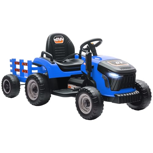 AIYAPLAY Elektrischer Kinder Traktor mit Anhänger, Aufsitztraktor mit Fernbedienung, 2 Motor, 3-Gang Kinder Elektroauto mit Musik, Hupe, Startgeräusch, Sanft Start, 3-5km/h, für 3-8 Jahre, Blau von AIYAPLAY