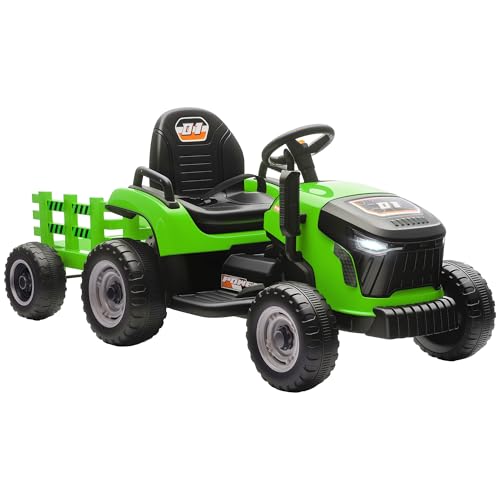 AIYAPLAY Elektrischer Kinder Traktor mit Anhänger, Aufsitztraktor mit Fernbedienung, 2 Motor, 3-Gang Kinder Elektroauto mit Musik, Hupe, Startgeräusch, Sanft Start, 3-5km/h, für 3-8 Jahre, Grün von AIYAPLAY