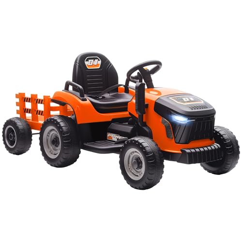 AIYAPLAY Elektrischer Kinder Traktor mit Anhänger, Aufsitztraktor mit Fernbedienung, 2 Motor, 3-Gang Kinder Elektroauto mit Musik, Hupe, Startgeräusch, Sanft Start, 3-5km/h, für 3-8 Jahre, Orange von AIYAPLAY