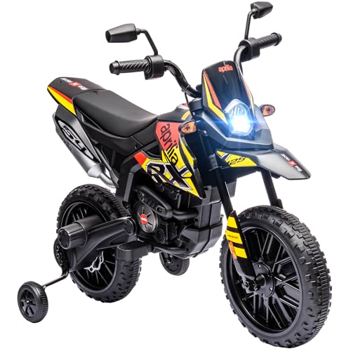 AIYAPLAY Kinder Elektro-Motorrad, 12V Aprilia Kindermotorrad mit Musik, 6 km/h Kinderfahrzeug mit abnehmbar Trainingsrädern, 12 Zoll Reifen, für 3-8 Jahre Kinder, Gelb von AIYAPLAY