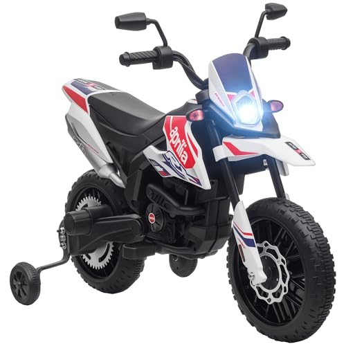 AIYAPLAY Elektro Kindermotorrad Aprilia Elektromotorrad mit USB, Stützrädern, Musik, Scheinwerfer, Kinder 6 km/h Elektro Motorrad mit 2 Stützrädern für Kinder von 3-8 Jahren Weiß von AIYAPLAY