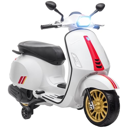 AIYAPLAY Elektro Kindermotorrad, Vespa 6V Elektromotorrad mit MP3, USB, FM-Radio, LED-Scheinwerfer, Kinderfahrzeug mit 2 Stützrädern, Elektro Motorrad für 3-6 Jahre Kinder, Weiß von AIYAPLAY