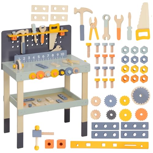 AIYAPLAY Kinder Werkbank mit Werkzeug und Zubehör, Werkzeugbank mit Schraubendreher und -schlüssel, Zange, Holzspielzeug, Kinderspielzeug, Spielzeug für Kinder 3-6 Jahre, 58 x 31 x 77,5 cm Hellblau von AIYAPLAY