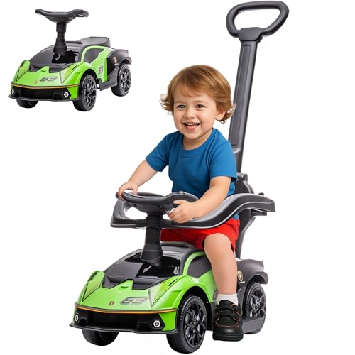 AIYAPLAY Kinderanhänger Lamborghini Essenza SCV12 lizenzierter Babyanhänger Schiebeauto für Kinder von 1 bis 3 Jahren Multi-ausgestattet mit Schiebegriff, Geländer, Hupe und Lenkrad, grün von AIYAPLAY
