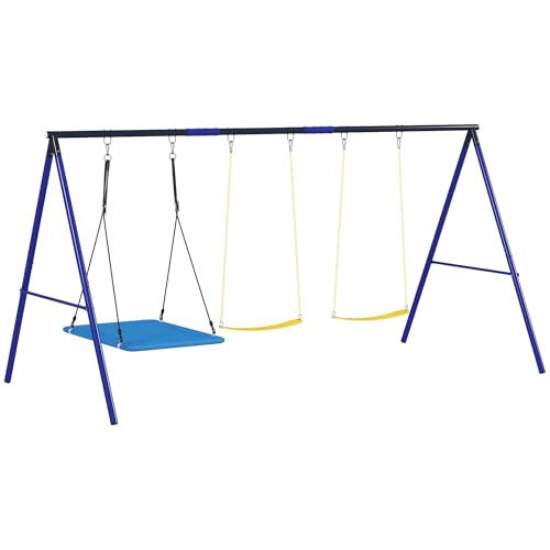 AIYAPLAY Kinderschaukel 3 Sitzer Gürtelschaukel mit Plattformschaukel, Outdoor Gartenschaukel mit Stahl-Schaukelgestell, Schaukelgerüst für Kinder von AIYAPLAY