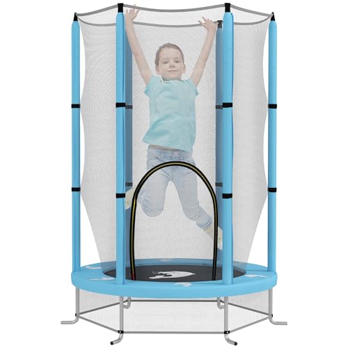 AIYAPLAY Kindertrampolin Ø140cm Outdoor Trampolin für Kinder mit Sicherheitsnetz Reißverschluss Gummiseil Randabdeckung, Gartentrampolin mit Wolken-Muster, für Indoor und Outdoor von AIYAPLAY